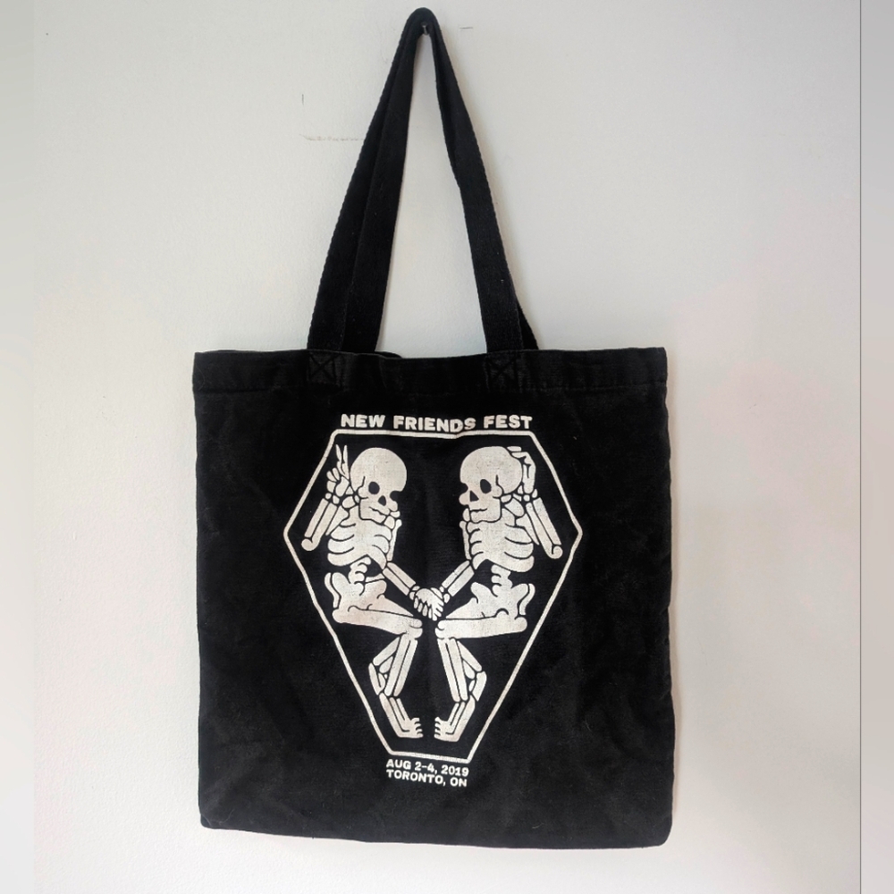 New Friends Fest 2019 Merch Black Canvas Tote Bag Skeleton Design